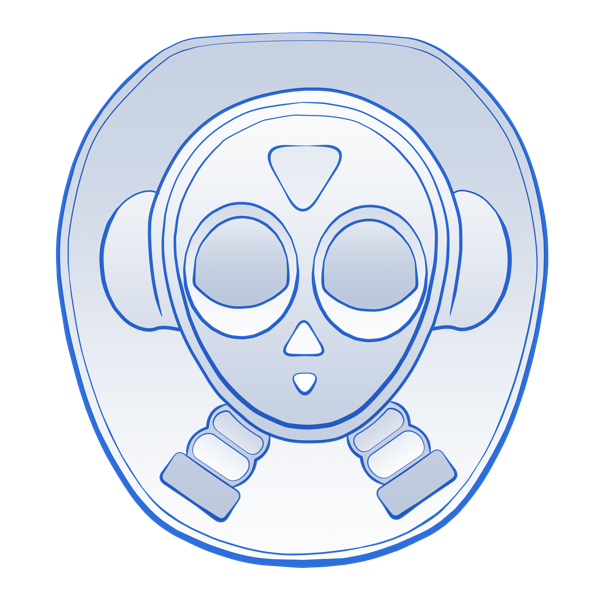 A rough ink-like simplified illustration of an alien head with droopy eyes wearing over-the ear headphones and a respirator.